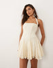 Murci square halterneck gathered godet hem lace mini dress in cream