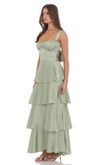 Satin Ruffle Maxi Dress in Sage