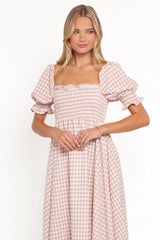 Siun Short Sleeve Midi Dress - Brown Gingham