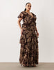 Curve full hem ruffle maxi dress with lace trim detailing and open back in brown floral