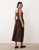 square neck ruched bodice midi dress in chocolate