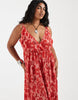 PIECES Curve wrap detail cami plisse maxi dress in pink and red floral print