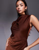 satin high neck pleated bodice midi dress in light brown