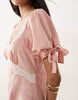 Hope & Ivy satin jacquard lace trim tie sleeve midi dress in pink