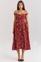 gold and berry lace midi off shoulder dress