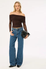 Luck & Trouble Elyse Recycled Off Shoulder Long Sleeve Top Brown