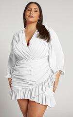 Can I Be Your Honey Mini Dress - Plunge Balloon Sleeve Dress in White