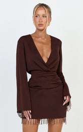Azura Mini Dress - Long Sleeve Beaded Trim Plunge Neck Dress in Chocolate