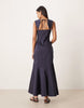 structured cotton dropped waist midaxi dress with tie back in navy