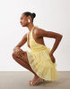 TFNC shirred chiffon halter neck ruffle trim mini dress in butter yellow
