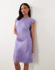Petite slash neck satin mini dress with lace hem in lilac