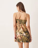 cotton linen blend cami mini sundress with shaped bust in tropical palm print