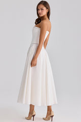 white cotton strapless maxi dress