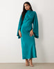 funnel neck satin maxi dress with exaggerated sleeves in turquoise