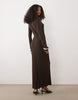 long sleeve ribbed midi dress with hardware wrap detail in chocolate