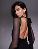 mesh twist bust detail halter maxi dress with tie back neck in black