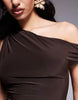 Kaiia exclusive double layered slinky off shoulder drape detail fitted waist mini skater dress in chocolate brown