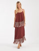 double tier layered two tone fringe satin cami maxi dress in burgundy