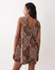 cotton linen v neck smock mini dress in chocolate bandana print