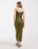 rib knit midi dress in khaki green with white contrast trim