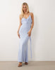 plunge maxi dress with backless frill detailing in baby blue