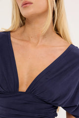 Motel Vernia Plunge Batwing Top Cupro Navy