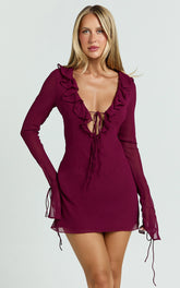 Alesya Mini Dress - Ruffle Plunge Neck Long Sleeve Tie Detail Dress in Wine