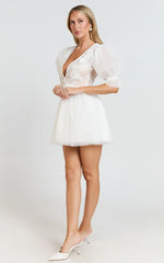 Akshia Mini Dress - Puff Sleeve Floral Detail Plunge Neck Dress in White