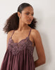 v neck cami mini dress with lace trim in washed burgundy