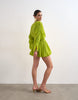Topshop cotton long sleeved deep plunge bubble hem mini dress in lime