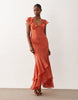 frill sleeve maxi dress with fishtail hem in terracotta
