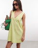 cotton linen v neck smock mini dress in lime