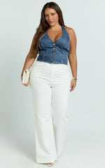 Walton Vest - Halter Neck Button Down Crop Recycled Denim Vest in Dark Blue Wash