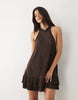 plissé halter neck mini dress with ruffle hem in chocolate