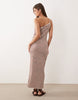 crochet jersey one shoulder maxi dress in brown and white plaid