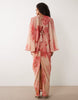 draped cape bodice with skirt and open back with tassel detail maxi dress in pink floral
