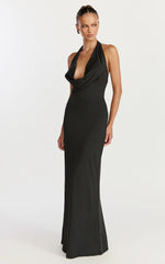 Sylvana Maxi Dress - Cowl Halter Neck Bodycon Dress in Black