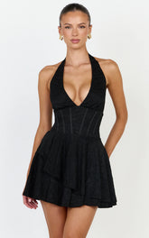 Lacey Mini Dress - Lace Corset Style Bodice Halter Dress in Black
