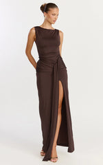 Coraline Maxi Dress - High Neck Sleeveless Draped Sash Dress in Chocolate