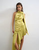 Topshop premium halter neck asymmetric satin mini dress with scarf detail in golden olive