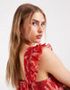 PIECES plisse maxi dress with frill sleeves in pink and red floral print