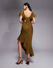 high neckline midaxi dress with flutter sleeve and asymmetric hem shape with lace trim detail in olive