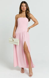 Nadiane Midi Dress - Strapless Asymmetric Drop Waist Dress in Pink