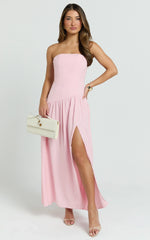 Nadiane Midi Dress - Strapless Asymmetric Drop Waist Dress in Pink