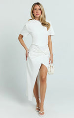 Tonya Maxi Dress - Square Shoulder Twist Leg Split Dress in White