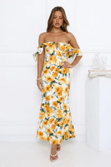 Sunflowers Off Shoulder Midi Dress Yellow