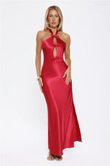 Sleek Halter Neck Cutout Satin Maxi Dress Red
