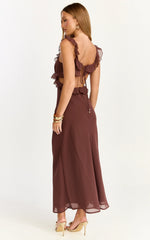 Alessa Midi Dress - V Neck Frill Detail Empire Waist Back Cut Out Dress in Brown