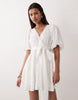 Gina Tricot embroidered mini dress with puff sleeves in off white