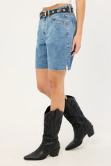 One Teaspoon Jacksons Mid Waist Wide Leg Denim Shorts Hoodlum Blue